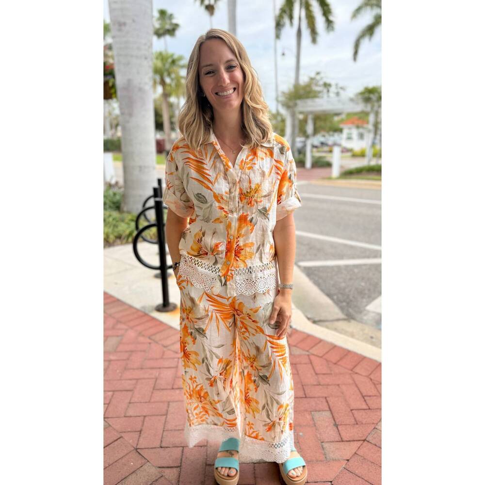 NEW SPANNER linen print blouse in orange